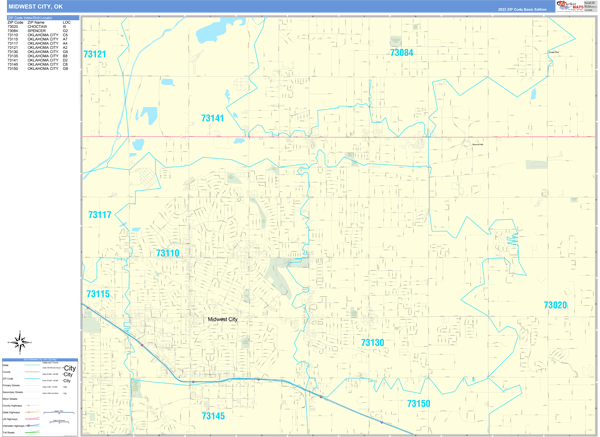 Midwest City City Wall Map Basic Style